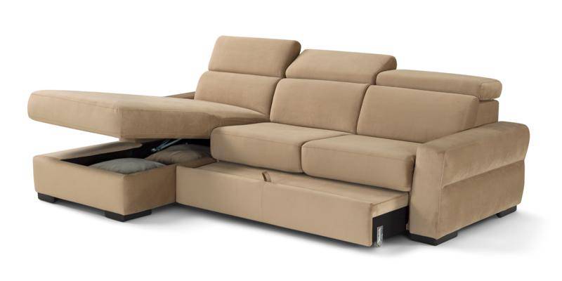 Divano con carrello estraibile e chaise longue contenitore, in tessuto antimacchia.