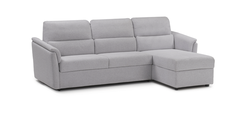 Divano 3 posti con letto (materasso 140x190x16 cm) con chaise longue contenitore reversibile, in tessuto antimacchia.