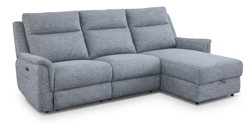 Divano con seduta relax elettrica e chaise longue contenitore (disp. dx o sx), in tessuto antimacchia.