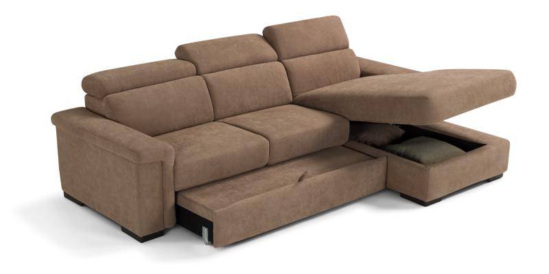 Divano con carrello estraibile e chaise longue contenitore, in tessuto antimacchia.