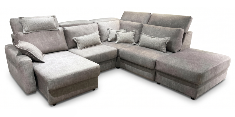 Angolare con 3 slitte elettriche e pouf terminale con contenitore (bracciolo ridotto 17 cm).