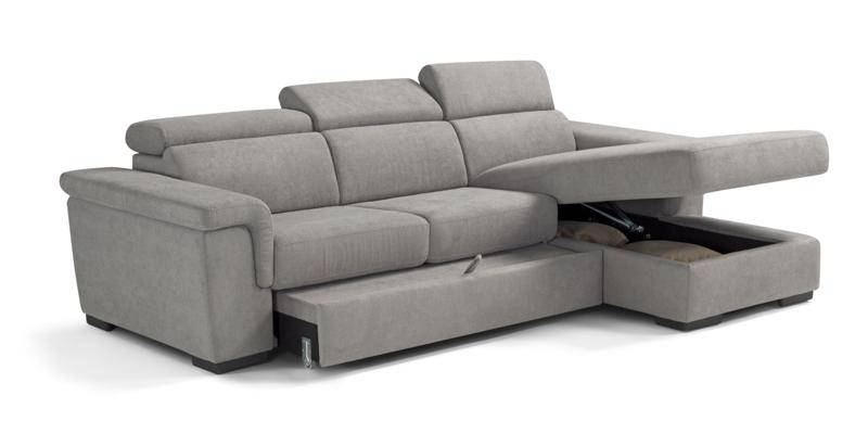 Divano con carrello estraibile e chaise longue contenitore, in tessuto antimacchia.