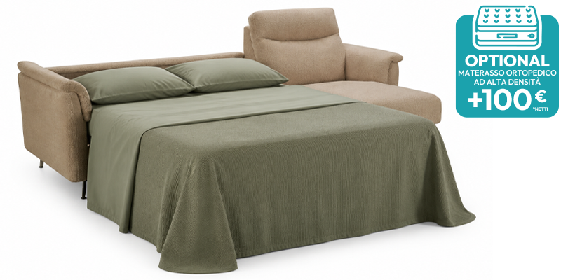 Divano 3 posti con letto (materasso con aloe 140x190x16 cm) e penisola contenitore, in tessuto antimacchia.