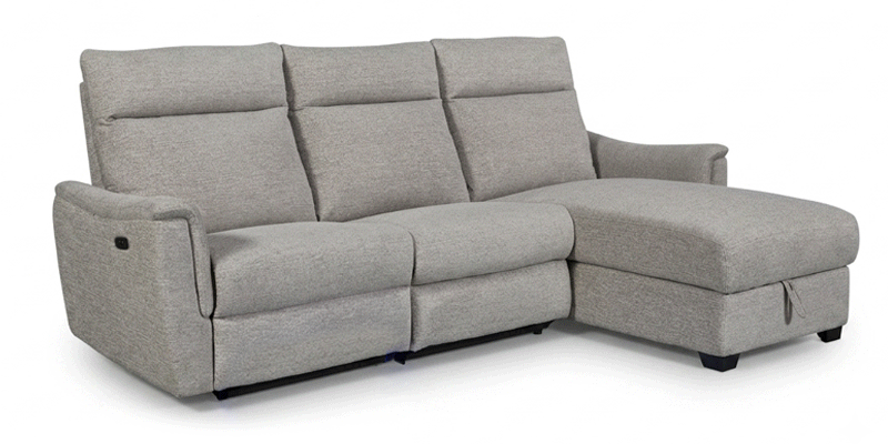 Divano angolare con seduta relax elettrica e strip LED, cassetto e chaise longue contenitore (disp. destra o sinistra), in tessuto antimacchia.